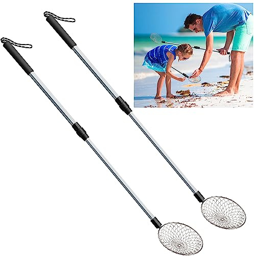 2 Pack 5.3 Inch Beach Sand Sifter- 22~35 Inch Adjustable Shark Tooth Sifter- Sand Scoop Shell Scooper for Beach- Beach Scoop Shovel and Sifter Tool for Picking Up Shells Beachcombing & Rock Hunting