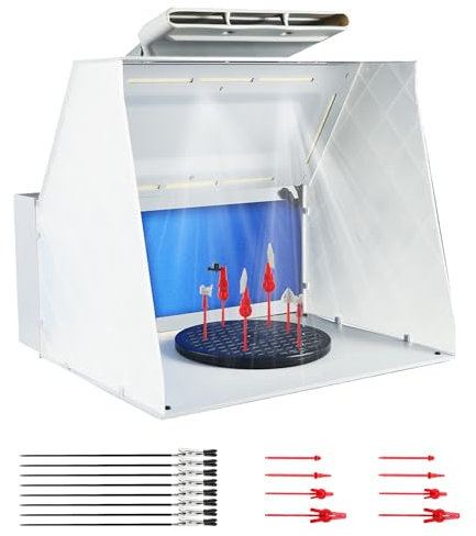 ABEST Airbrush Absauganlage, einstellbares leistungsstarkes Gebläse und 4 LED-Leuchten, 3-Schicht-Filter mit 7,5 Drehteller, 16PCS Alligator-Sticks für Malerei Modellbau Handwerk DIY