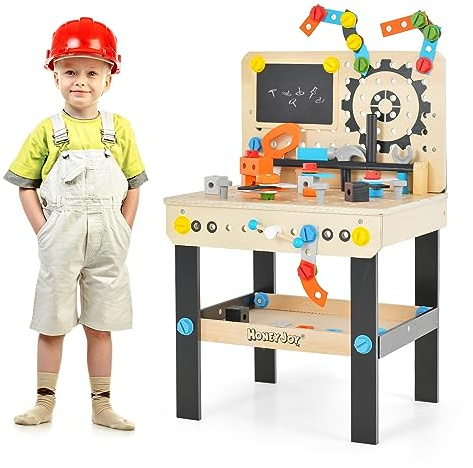 GYMAX Giocattolo da Banco da Lavoro per Bambini con 6 Attrezzi e 75 Accessori, Banco degli Attrezzi con Lavagna e Portautensili Appeso, Giocattolo per Fai da Te, Bambini 3 Anni+