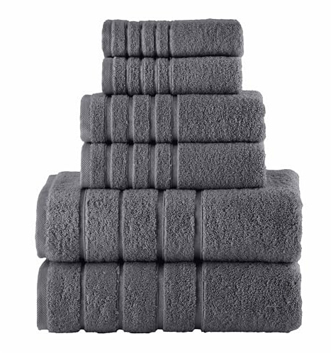 Elegant Comfort Juego de 6 Toallas de 4 líneas de Viscosa a Rayas, Toallas de baño de Lujo 100% algodón Turco de Alta absorción, Incluye 2 paños, 2 Toallas de Mano y 2 Toallas de baño, Color Gris