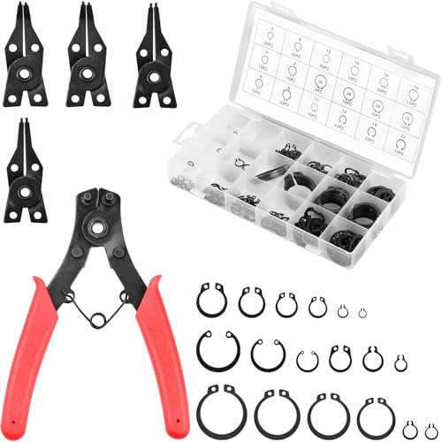 MAMIELIZ 304 Stück 4-in-1 Sprengringzangen Set Rutschfester GriffSicherungsringzange Set mit 260-teiligem Sprengring Set 2 mm bis 32 mm Seegerring Sortiment
