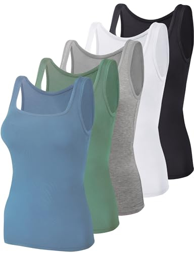 BQTQ 5 Pack Women's Tank Tops Square Neck Sleeveless Ladies Tank Top Undershirts, Black, White, Gray, Cadet Blue, Cornflower Blue, M