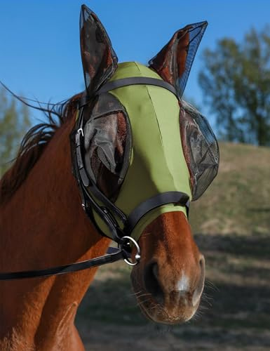 HackFond hästflugmask med öron, UV-skydd för hästar, elasticitet med stora nätögonskydd, åtsittande bekväm andningsbar lätt för hästar olivgrön full storlek