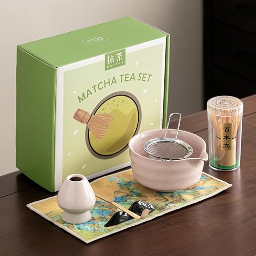 WEELOO Matcha Set Whisk and Bowl Kit, 7PCS Ceramic Matcha Tea Whisk, Including Matcha Bowl, Matcha Whisk & Stand, Spoon & Spoon Holder, Sieve & Towel, Japanese & Song Dynasty Tea Ceremony(Pink)