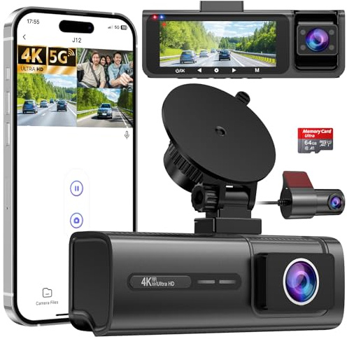 Vasip Dashcam Voiture Avant Arrière 4K+1080P+1080P, 5GHz WiFi 3 Canaux Caméra Embarquée Voiture avec Carte SD 64G, Capteur G, Vision Nocturne, Enregistrement en Boucle, Moniteur de Stationnement