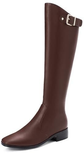 Gicoiz Moda Punta Quadrada Botas de Montar Mujer Warm Invierno Comodo 3.5Cm Tacón Medio Grande Fit Riding Booty Cuero Marrón/Rl Talla 37 EU-38Cn