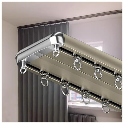 Sistema de polea de doble pista de aluminio resistente con guías enganchadas, montaje en techo, fácil instalación, acabado de electroforesis, guía universal de 4,3 m (marrón)