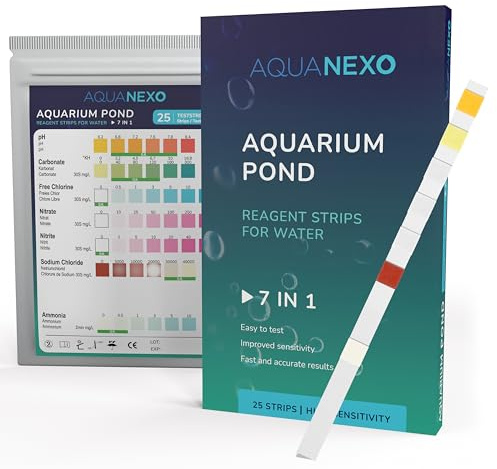 AQUANEXO 25x ou 100x Test d’Eau Aquarium 7-en-1, bandelettes Test Aquarium, Accessoires Aquarium, Analyse Eau pour Poissons, étang, pH, KH, Chlore, Ammonium (100)
