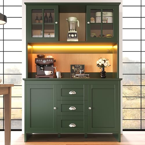 Huayz Armario alto para buffet, armario de cocina, con encimera, con puertas de cristal e iluminación LED, 4 puertas y 3 cajones, para cocinas y comedores, 120 x 40 x 179 cm