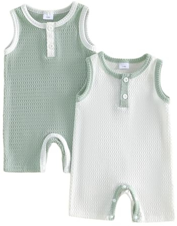 JCOPLY Infant Baby Boy Romper Pack of 2 Set Summer Newborn Overalls Bodysuits Button Up Crew Neck Sleeveless Playsuits Baby Short Jumpsuits for Boys (Multi-Color, 9-12 Months)