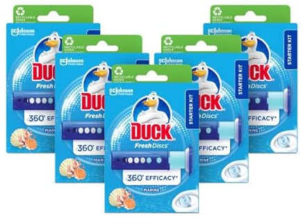 Duck Fresh Discs Toilet Cleaner Starter Kit, Fights Stains That Harbour Germs, Prevents Limescale Build Up, Marine, Pack of 5 (Each Kit contains 1 Holder + 1 Refill Tube)