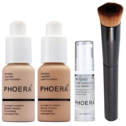 Glamza PHOERA Beauty Set (Nude & Buff Beige Matte Foundation, Primer & Liquid Foundation Brush)