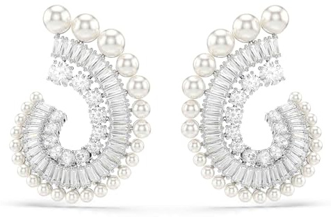 Swarovski x Ariana Grande Pendientes, Cada pieza con una Espiral Abierta con Swarovski Zirconia en Talla Redonda y Talla Baguette, en el diseño Externo Crystal Pearls, Baño de rodio, Blancos