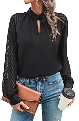 GORGLITTER Damen Blusen Elegant Hemdbluse Mesh Raglanärmel Oberteil Langarmshirt Business Outfit Blusetop Schwarz L
