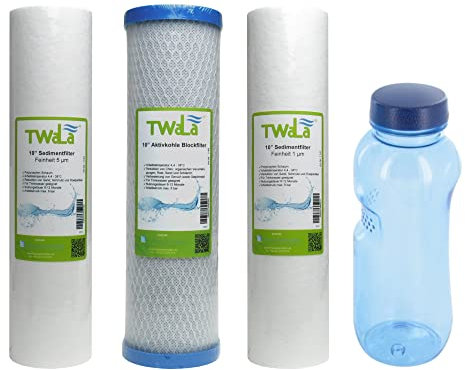 Set 4-teilig TWaLa GRATIS Tritan Trinkflasche 0,5L + 10 Zoll Ersatzfilter Umkehrosmose Anlage RO Polypropylen Sediment Vorfilter Grobfilter Aktivkohleblock Trinkwasser Filter Wasserfilter