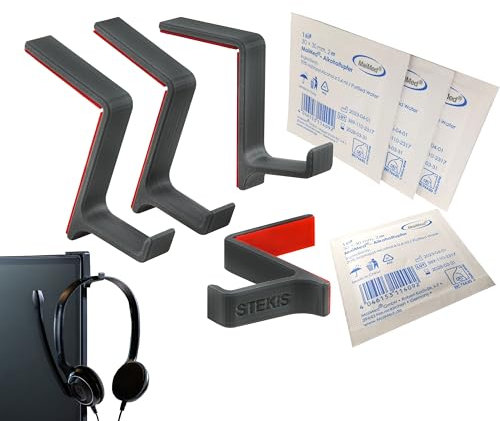 STEKIS Headset Halterung für Monitor - 4 Stück Headsethalter Haken im kompakten Design mit Reinigungstuch - Kopfhörer-Halterung Bildschirm für mehr Ordnung am PC Büro Arbeitsplatz