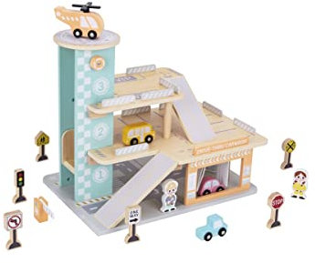 EliNeli Garage in Legno con Segnali stradali e Lavatrice Auto