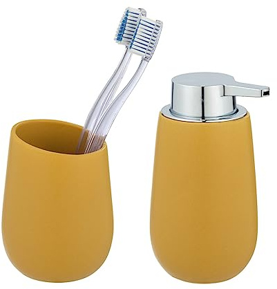WENKO Waschtisch-Set Mod. Badi 2tlg in Gelb aus Keramik mit Seifenspender und Zahnputzbecher Seifenspender Ø 8x11 cm Zahnputzbecher 9,5x16x8 cm