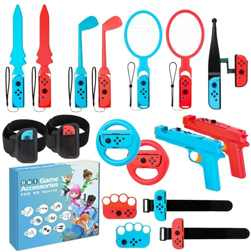 JoyHood Kit de Accesorios 17 en 1 para Switch/Switch OLED, Paquete de Accesorios de Juegos Deportivos para el Mando Joy-Con, Juego de Sccesorios Deportivos para Fiesta Familiar