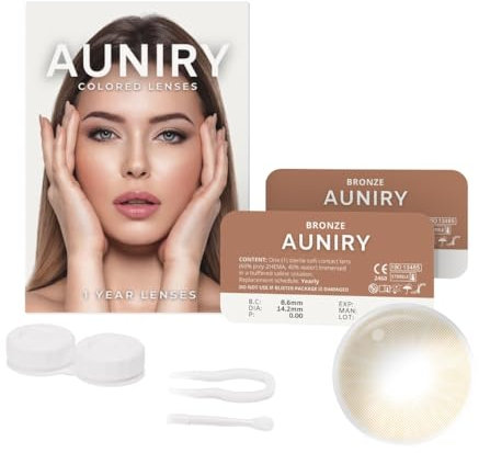 AUNIRY Lenti a Contatto Colorate Marroni Chiare Naturali BRONZE: Kit Completo (2 Lenti Colorate Annuali Non Graduate, Pinzetta, Applicatore e Portalenti), Adatte per Occhi Scuri e Senza Gradazione