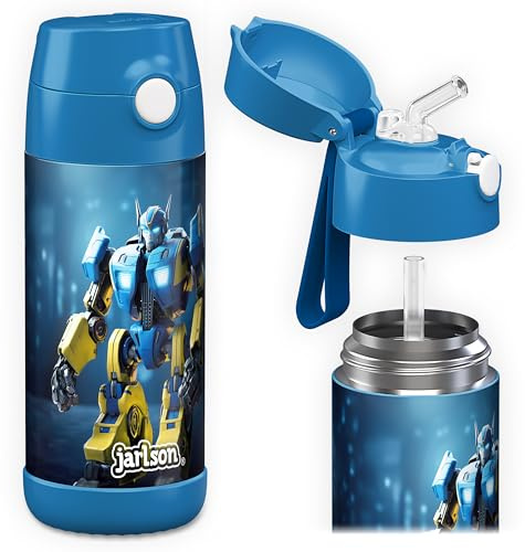 Jarlson® Trinkflasche Kinder Edelstahl Charli [MIT STROHHALM] - Thermosflasche Auslaufsicher - Thermoskanne - Water Bottle Kids - Thermo Trink Flasche für Schule & Kindergarten (350ml, Roboter)