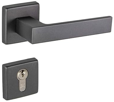 Gedotec Juego de manillería aluminio antracita mate Manilla para puerta interior sobre roseta cuadrada | PZ - cilindro | Juego de manillería para puerta interior | PUSH 1317 | 1 juego con material d