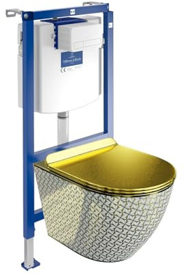 Lavita ViConnect H112 Vorwandelement Unterputz WC mit Bedienplatte + Wand Hänge Tiefspül WC Sofi Slim Golden Never Die Spülrandlos + WC Sitz Komplettset Unterputz Spülkasten Toilette Komplett Sett WC