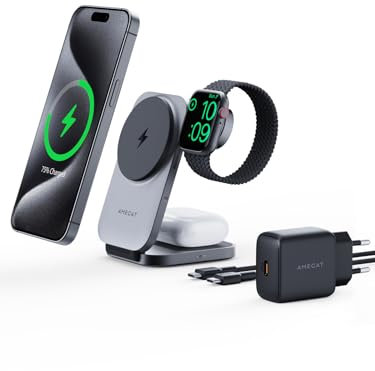 AMEGAT Ladestation 3 in 1 Qi2-Zert, 15W Faltbarer Ladegerät Kompatibel mit Magsafe, Wireless Charger für Apple Watch und iPhone 16/15/14/13/12 Serie, Kopfhörer Kabellos (Mit USB-C Ladegerät), Grau