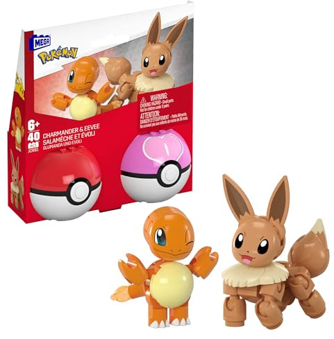 MEGA Pokémon Action Figure Building Toys Set, Poké Ball 2-Pack, Charmander and Eevee with 40 Pieces, for Kids, JCR81