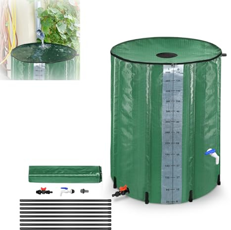 MAYTIIMO Depósito de lluvia plegable de 500 litros con escala, barril de agua de lluvia con rejilla de entrada de agua, válvula de drenaje, depósito de agua de lluvia de PVC, para recoger agua de