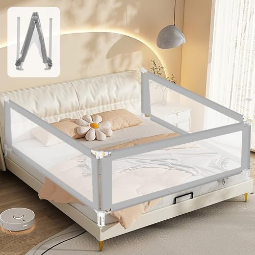 Fiqops Bettgitter Rausfallschutz Klappbar 2X 200cm+1X 180cm,Bettschutzgitter faltbar Kinderbettgitter Reise,Nagelfreie Montage Fallschutz Bett für Kleinkinder Baby bettgitter,Grau