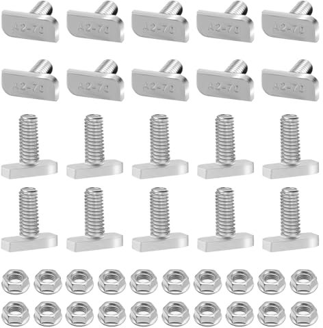 BEASAFY 20 Stück Hammerkopfschrauben M10 x 25 Edelstahl A2-70 mit Sperrzahnmuttern Flanschmuttern, T M10 Schrauben, Hammerkopfschraube Set für PV Solar Montageschienen, Gewächshaus und Photovoltaik