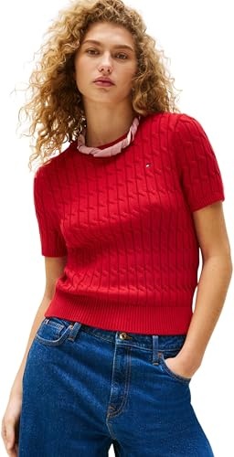 Tommy Hilfiger Donna Pullover Cable Maniche Corte, Multicolore (Medium Red), S