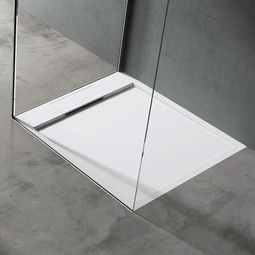 doporro Plato de Ducha 90x100x4cm Mármol Fundido en Blanco con Desagüe AL02 Conexiones DIN apto para Instalación a ras de Suelo Geoma04
