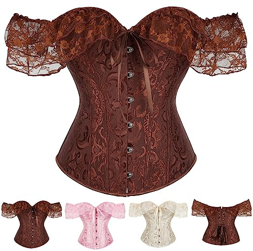 2 Piece Gothic Corset Suit Women Lace Patchwork Shapewear with Thong Outfit Ladies Renaissance Overbust Bustier Medieval Off Shoulder Corsets Tops Victorian Jacquard Waist Cincher Vintage Bustiers