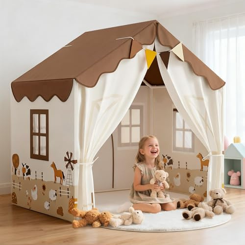 EagleStone Tienda de Juegos para Niños con Guirnaldas y Alfombra Suave, Tienda de Juegos Interior, Cabaña y Cama-Tienda, Rincón Acogedor para Niños y Niñas a Partir de 3 Años, Beige