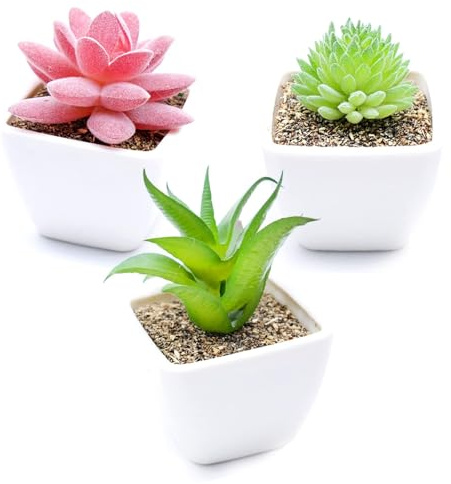 Plantas artificiales decorativas, set de 3 suculentas en maceta con aspecto realista, mini plantas para salón, dormitorio, oficina y baño