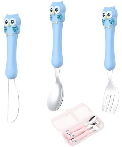 ZenyTra Kinderbesteck Set aus 304 Edelstahl, 3-teilig mit Aufbewahrungsbox | Spülmaschinenfest & Sicher | Essbesteck für Kleinkinder ab 12 Monaten (Eulen Design, Blau)