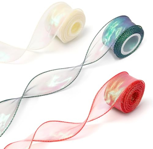 3 Rolls of 4cm Ribbons for Gift Wrapping, Iridescent Organza Ribbon, Decor | Organza Ribbon,White Green Red Christmas ,Chiffon Wide Gift Ribbons for Wedding Christmas Invitation Bouquet Crafts Decor