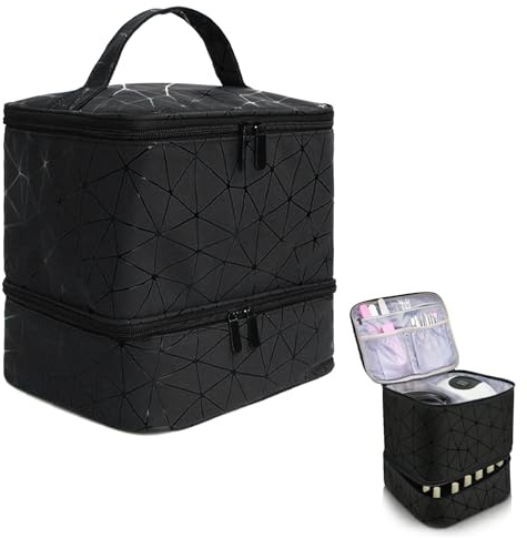 Eulihent Nail Varnish Storage, Double Layer Nail Bag Organiser Waterproof PU Cosmetic Bag with Adjustable Dividers for 30 Bottles Lipstick, Manicure Tools Storage (Black)