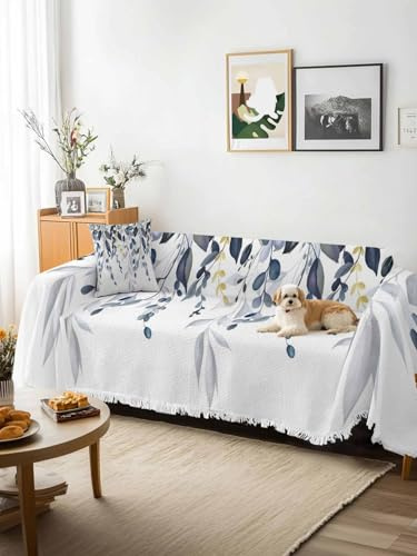Blue Grey Eucalyptus Sofa Cover Blanket Couch Covers for Armchair Cushion,Couch Sofa Silpcover with Tassel,Watercolor Spring Weeping Botanical Living Room Throw Towel Blanket Covers XX-L 71x150