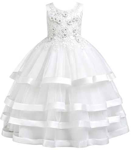 Discoball Embroidered Rhinestone Flower Girl Dress Sleeveless Princess Tulle Lace Ball Gown for Wedding Pageant Party 3-12 Years