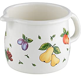 RIESS, 0095-068 Schnabeltopf, gebaucht, 14 1,7 L, COUNTRY - FRUIT GARDEN, Durchmesser 14 cm, Inhalt 1,7 Liter, Höhe 11,9 cm, Emaille, weiß mit Fruchtdekor, Induktion