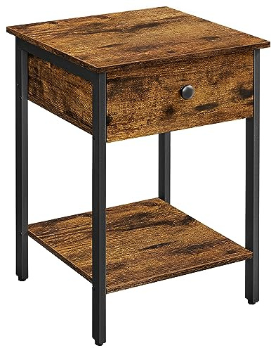 VASAGLE Nightstand, Bedside Table, Side Table with Drawer and Shelf, End Table, Bedroom, Living Room, Easy Assembly, Steel Frame, Industrial, Rustic Brown and Black LET55BX