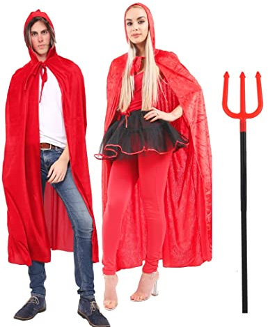 Royal Fashion Devil Costume Devil Hooded Cape & Pitchfork Costume Set – Unisex Funny Fancy Dress Halloween Outfit Accessory for Men & Women, Red Cloak with Hood and Trident