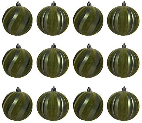 Kaemingk Weihnachtskugeln Kunststoff 8cm x 12 Stück Streifen Christbaumkugeln geriffelt grün Moosgrün