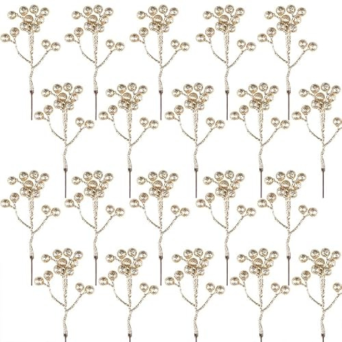 Fangoo 20 Pack 18 cm Champagne Gold Berry Twig Stem Artificial Burgundy Berry Picks for Christmas Tree Decorations Wreath Making Supplies DIY Crafts Holiday Winter Home Decor
