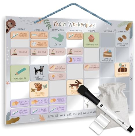 Lebenskompass® Wochenplaner Kinder Blau - Abwischbarer Tagesplaner mit Aufhängeband - Whiteboard-Planungstafel für Kinder ab 3 Jahren - Wiederverwendbar & ideal für die Wochenstruktur