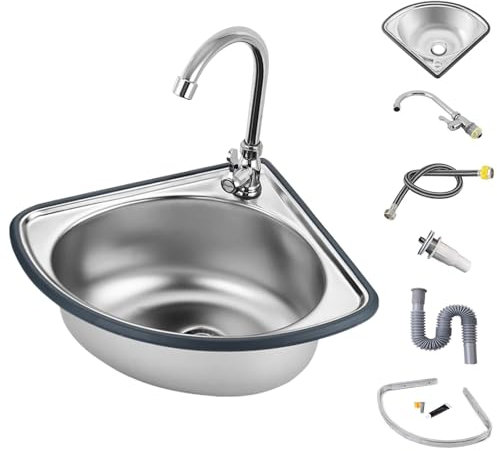 Lavello ad angolo acciaio inox,lavabo triangolare a parete,Lavello da cucina ad angolo a triangolo,Lavandino Cucina piccolo,Lavello Cucina angolare con rubinetto dell'acqua fredda(Deep 13cm)