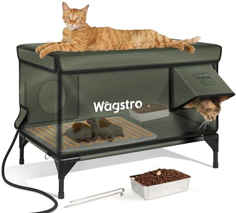 Ex-Large Heated Cat House for Outside in Winter, 100% Waterproof, Escape Door, 6 Elevated, Weatherproof Insulated Outdoor Cat House Shelter with Heater for Stray Feral Cat (Olive Green, 29x17x20)